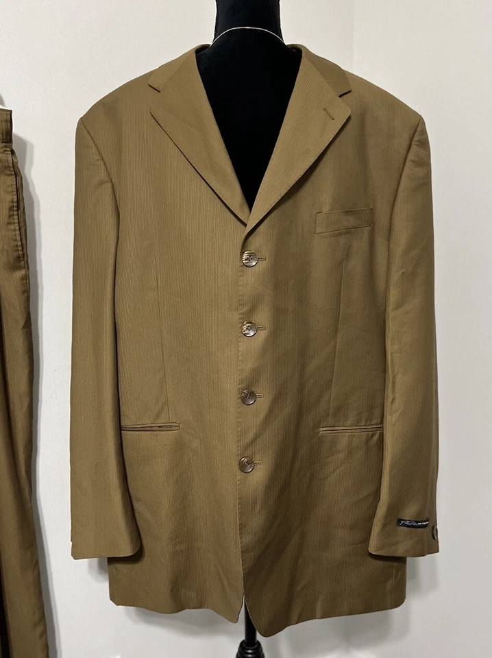 Y2K 90s FUBU Mens 46L Blazer 40 Pants Player 2 Pc Suit Golden Brown Pinstripe - Image 4 of 4