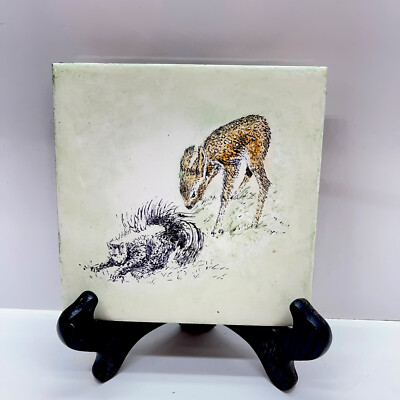 Vintage Artisan Hand-painted Ceramic Tile Art Deer Fawn And Skunk Nature Scene