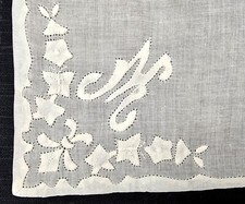 Initial handkerchief M, Vintage hand embroided