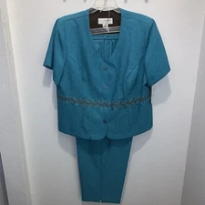 NWT Sag Harbor 2pc Pantsuit Blue/Green Size 22W Career Office; Embroidered, bead