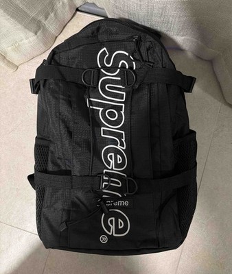 Supreme Black Hiking Backpack Nylon Zip Adjustable Straps Mesh Pockets Logo