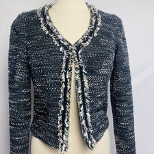Maison Scotch Boucle Tweed Jacket Size 1 Navy Star Safety Pin Trim