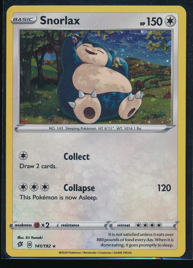 2020 Pokemon Snorlax 141/192 Rebel Clash Holo Rare V English 150 HP Basic