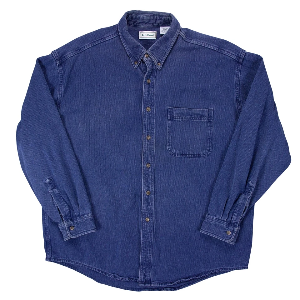 VTG LL Bean Mens XL Reg AY46 Blue Woven Denim Heavyweight LS Shirt - Image 2 of 4
