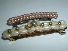 VINTAGE PAIR PINK AND WHITE PEARL 3" HAIR BARRETTES