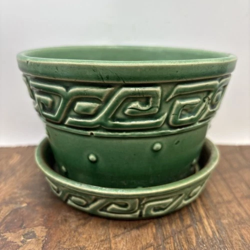 VINTAGE MCCOY ART POTTERY GREEN HOBNAIL GREEK KEY POT & SAUCER PLANTER