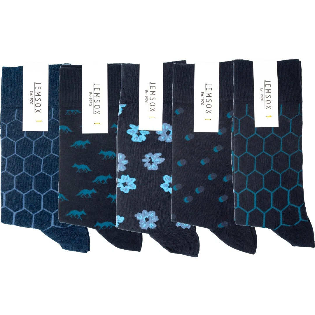 5-Pack Mens Blue Multi Design Organic Cotton Socks – Mens Crew One Size 7-11