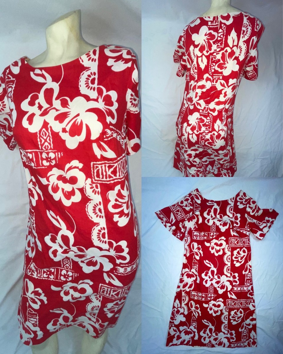 VTG 60S 70S WOMENS S FLORAL FLOWER PRINT RED WHITE COTTON HAWAIIAN DRESS
