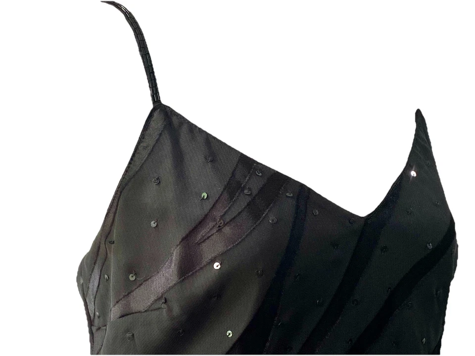 Vintage 90s NWT Eva Blue Black Slip Dress Sequin Stripe Beaded Hi Low  Midi S/M - Image 3 of 4