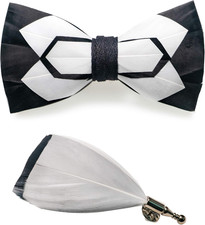 Handmade Feather Pre-Tied Bow Tie and Brooch Set for Men