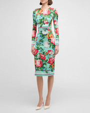 Dolce&Gabbana Floral Stripe-Print Long-Sleeve Midi Dress Blueflower Size IT 48