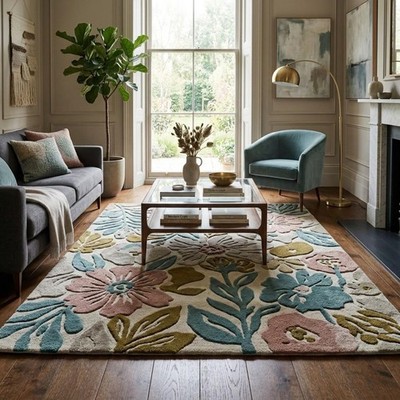 Luxury Hand-Tufted 3D Textured Floral Rug | Modern Wool Botanical Area Rug | rug