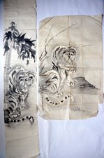 Japanese ink drawing or woodblock print Tiger Set Large format from Japan 0830D3