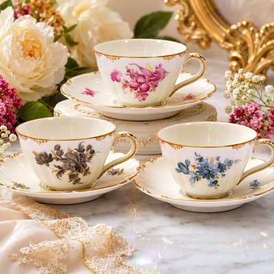 Nymphenburg Hand Painted Demitasse Cups Saucers Set of 3 Munich Re Gold Trim