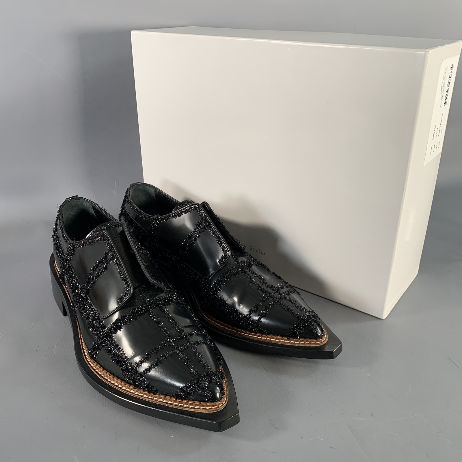 SIMONE ROCHA Size 8 Black Tinsel Embellishment Leather Slip On Loafers image 9
