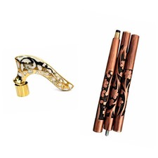 Carved Wooden Walking Stick Ornate Brass Handle 3-Piece Folding Vintage Cane