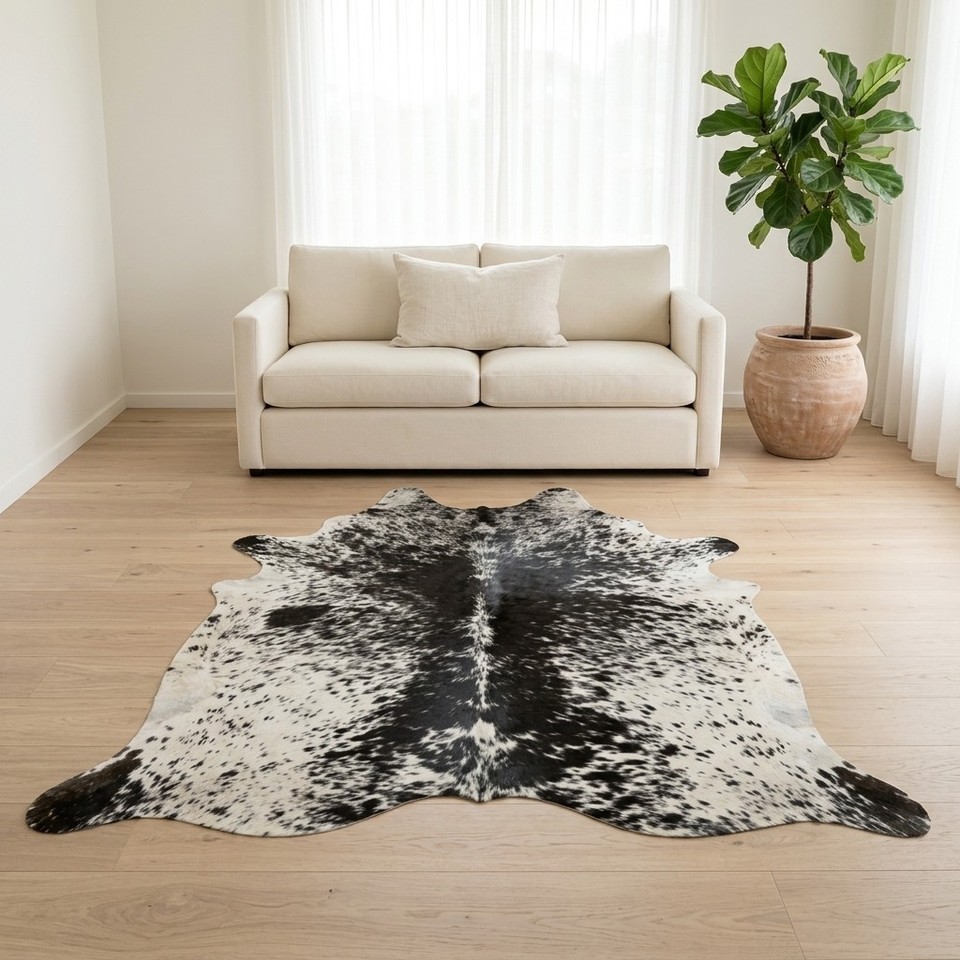 Genuine Cowhide Rug Black White Salt Pepper Spotted Hair On Leather Mat ...