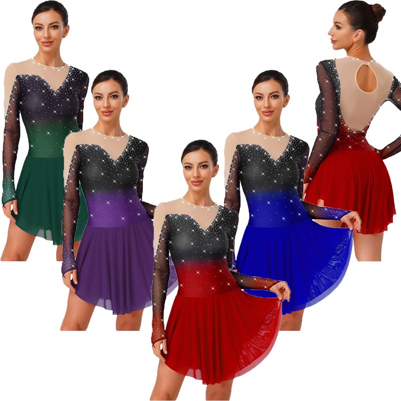 Women Figure Skating Dress Glittery Mesh Ice Skating Dress Ballet Lyrical  Dance