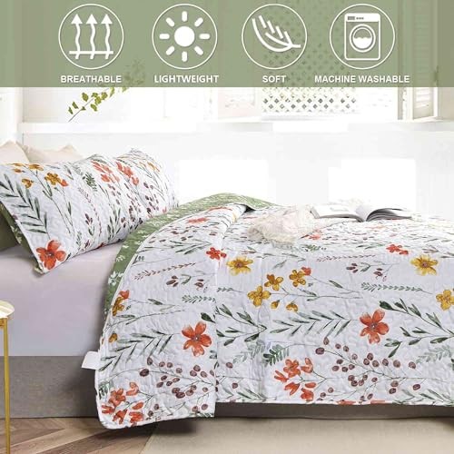 Quilt Set Queen Full Size 3 Pcs, White Floral Green Yellow Flower Leaf Spring - Picture 4 of 7