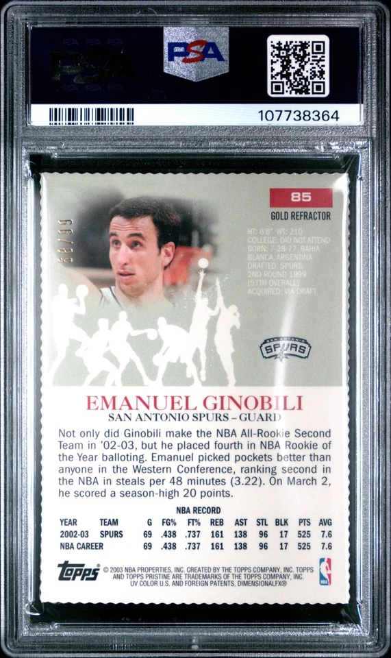 2003 Topps Pristine #85 Manu Emanuel Ginobili Gold Refractor /99 PSA 7 - Image 2 of 2