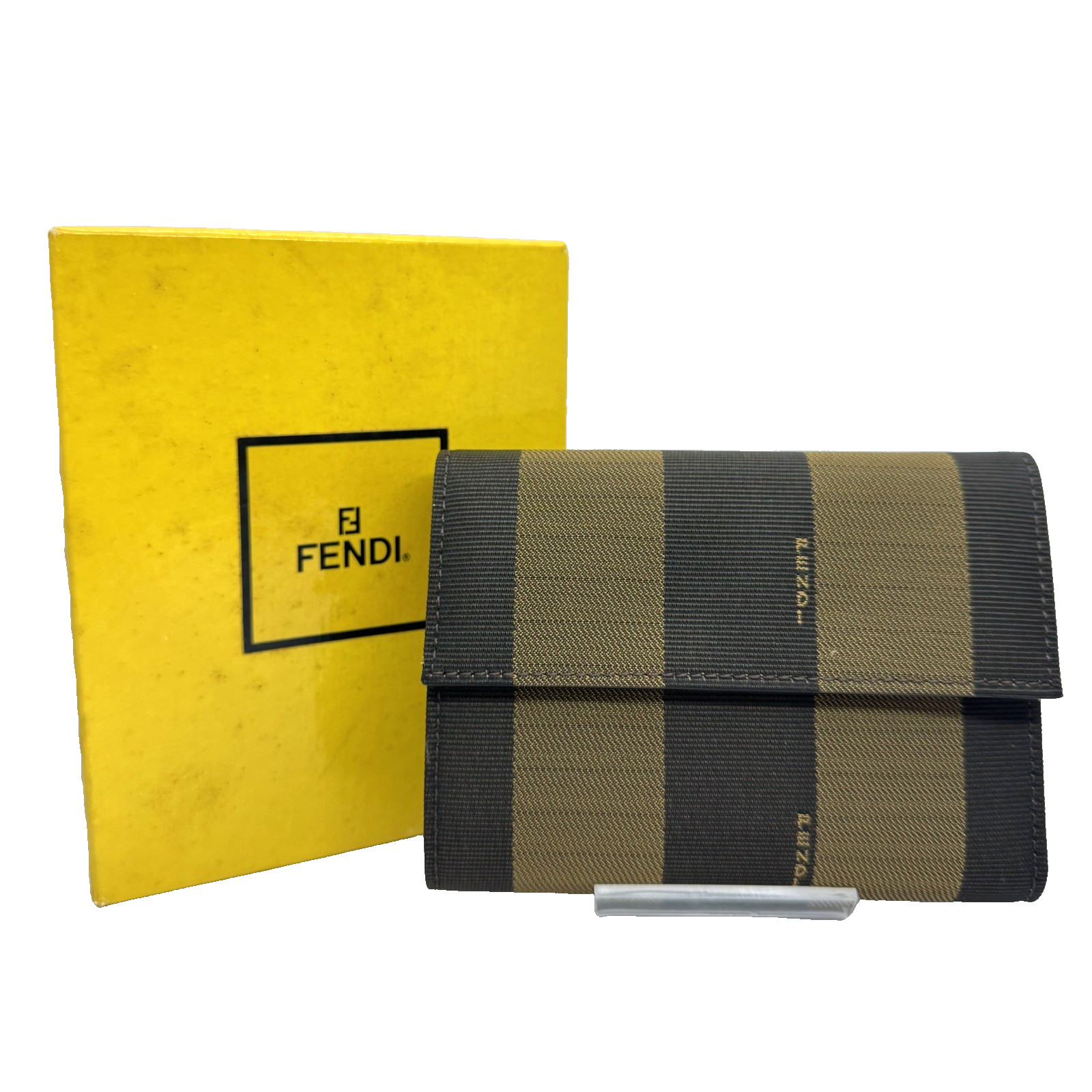 UNUSED Fendi Pequin Stripe Trifold Wallet Canvas Leather Brown Authentic