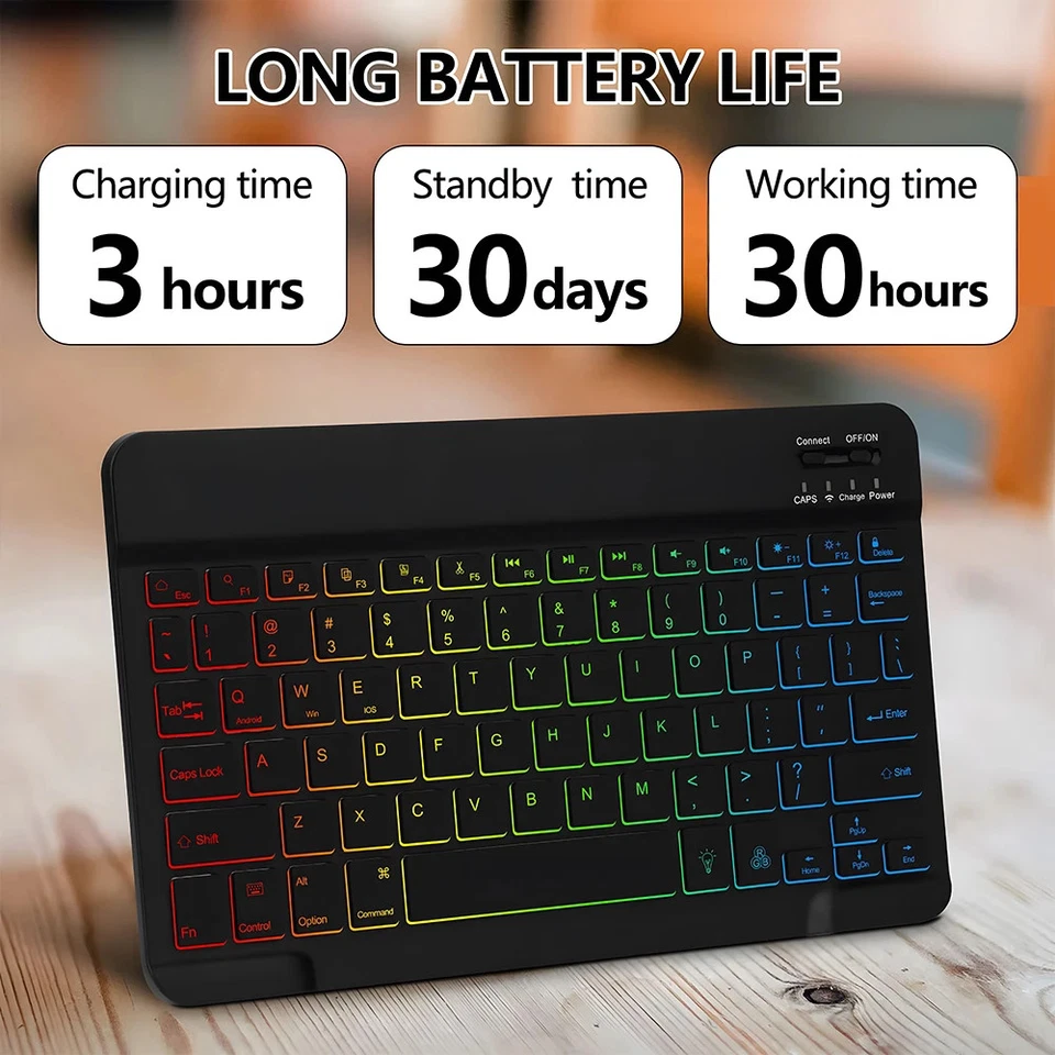 Portable Slim Silent Tablet Keyboard Rechargeable Backlit Wireless Bluetooth - Image 4 of 4