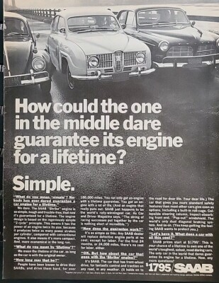 1970s SAAB  car Guarantee it's engine for a lifetime. vintage Ad