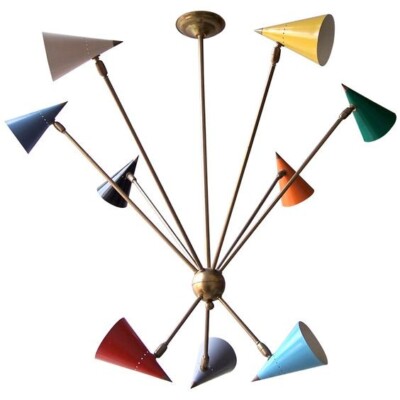 Mid Century Style Brass Light Stilnovo 9 Arms Multicolored Cone Décor Light