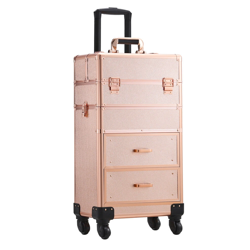 Luxury Rose Gold Glitter Makeup Case Trolley Vanity Box with 2 Drawers On Wheels
