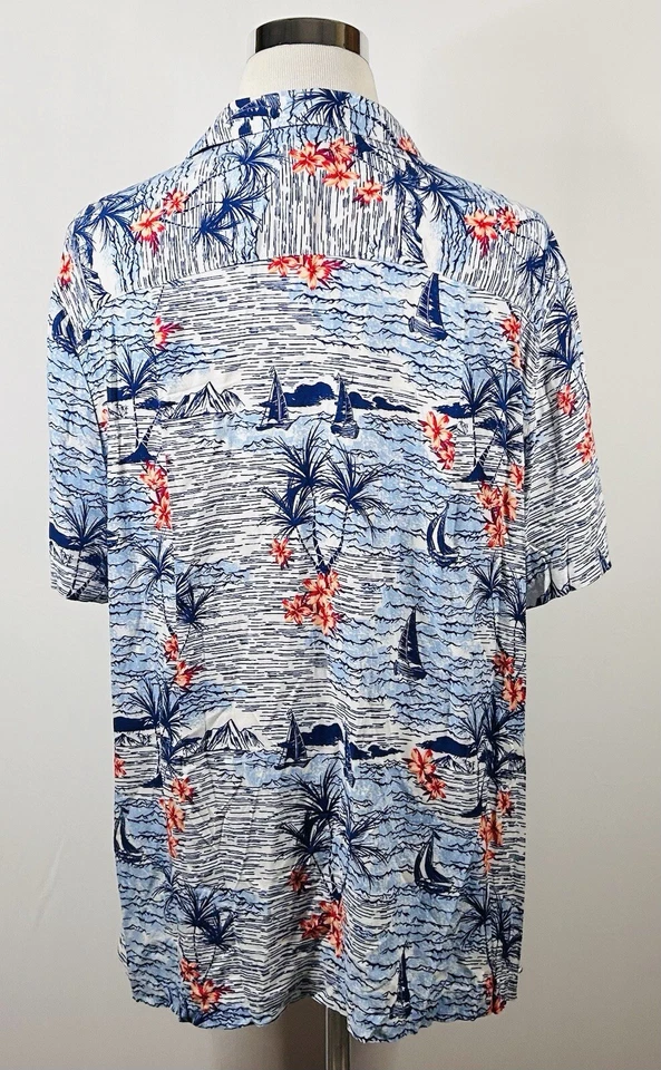 Camisa Aloha havaiana Island Passport 1XL rosa azul floral palmeiras veleiros - Imagem 4 de 4