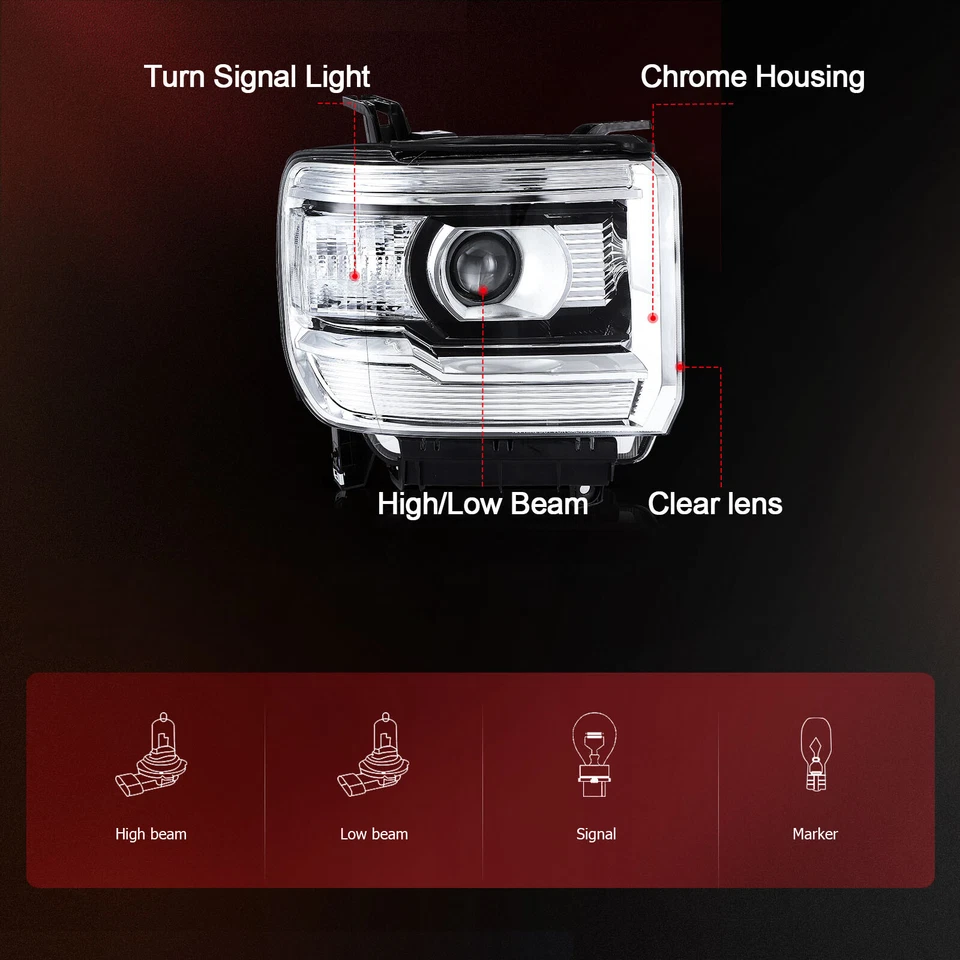 Par de faros para GMC Sierra Base 1500 2500HD 3500HD 2014-2019 carcasa cromada Foto 3 de 4