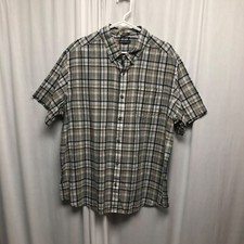 Eddie Bauer Plaid Short Sleeve Shirt Mens Size 2XL Beige Blue Cotton Classic Fit