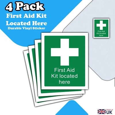 4-Pack - First Aid Kit Located Here Stickers Health & Safety Sticker- 110 x 90mm