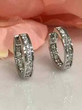 2Ct Round Cut Real Moissanite Huggie Hoop Earrings 14K White Gold Finish