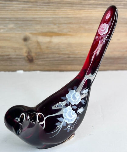 Fenton Ruby Red Happiness Bird HP Floral White Roses - Signed ca 1980 - Picture 2 of 8