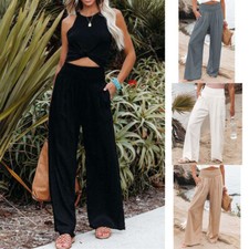 Women Long Pants Cotton Linen Elasticated Waist Bottoms Long Wide Leg Trousers