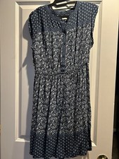 LOFT Blue Boho Shirt Dress Mixed Pattern Sleeveless Cuffed Elastic Waist Size M