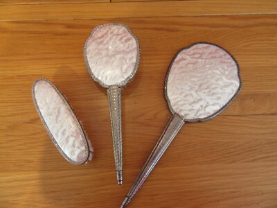 Vintage 3-teiliges Schminktisch/Schminktisch Set Tablett, silberfarbene Bürsten Spiegel,