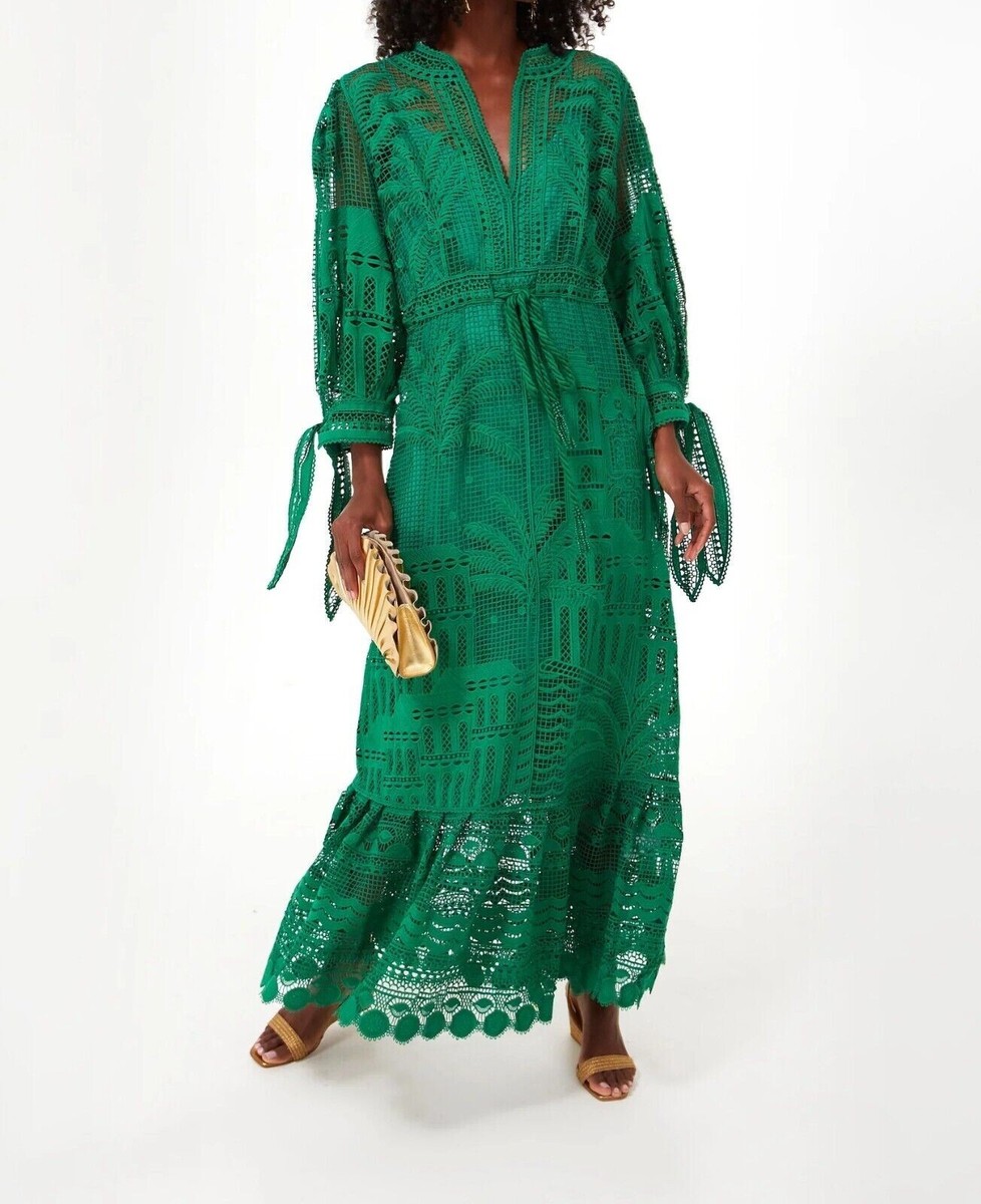NWT House of Harlow 1960 Crochet Embroidered Lace Maxi Green Dress Sz S