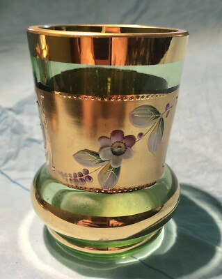 Vintage Czechoslovakia Enamel Gold Green Glass Cigarette Holder