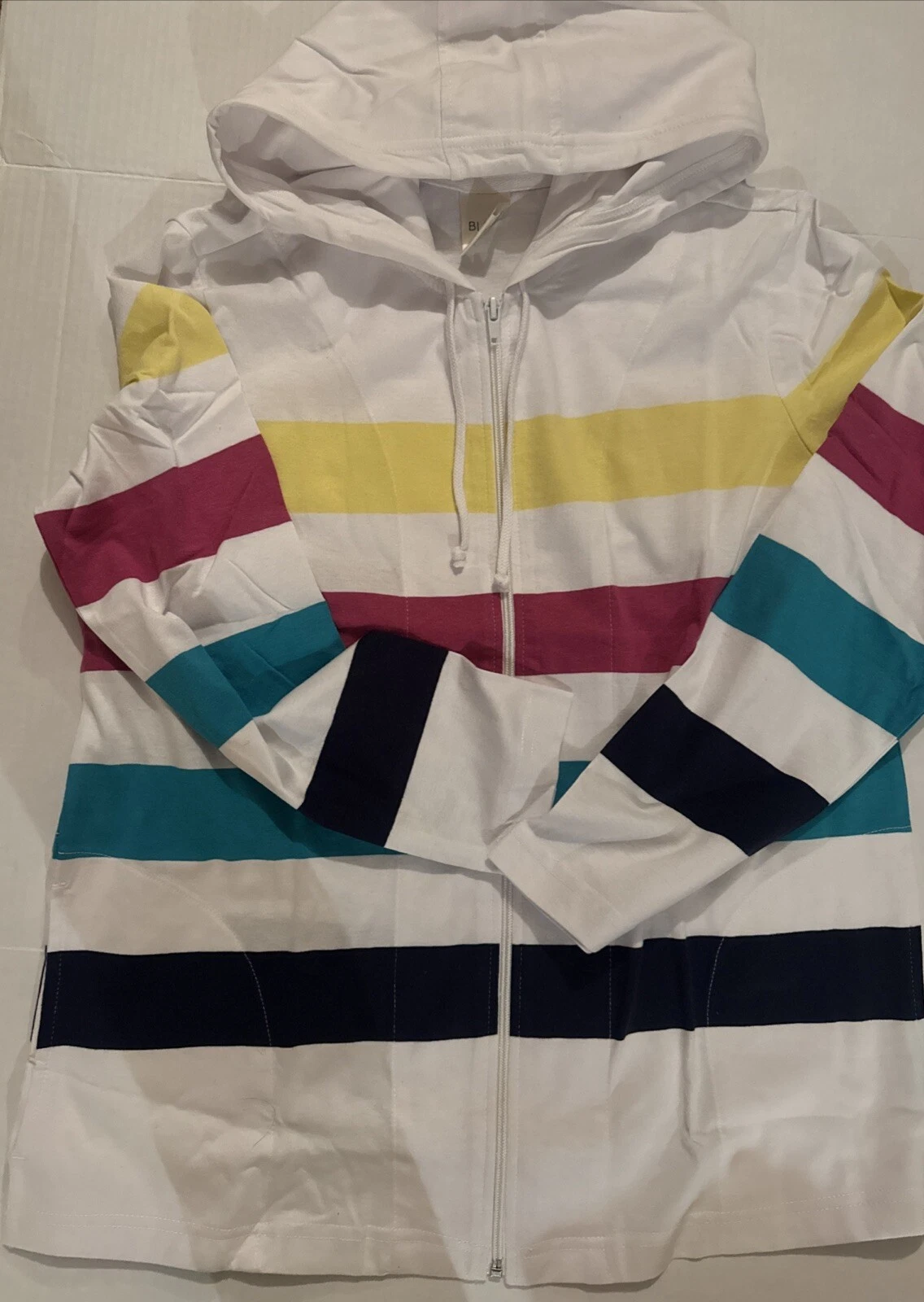 Blair Women’s Zippered Hoodie, Bright MLT Striped On White, Slash Pockets, M