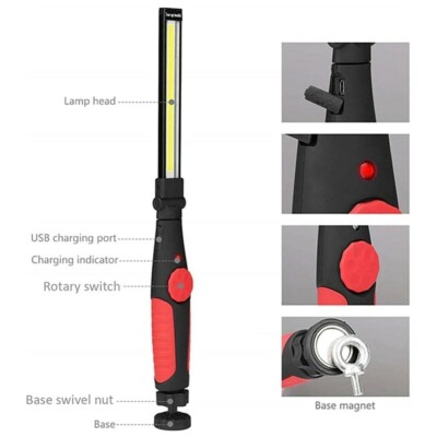 Lampada Torcia Pieghevole USB Con Calamita: LED COB Ricaricabile – Lavora, Ripara, Cammina