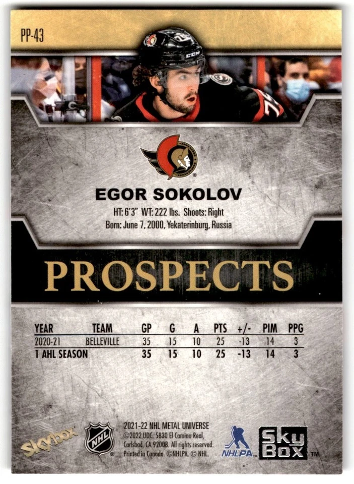 2021-22 SkyBox Metal Universe Skybox Premium Prospects Egor Sokolov #PP-43 - Image 2 of 2