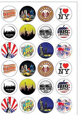 24 Runde VORGESCHNITTENE New York City Thema Essbar Oblate Papier Kuchen Topper