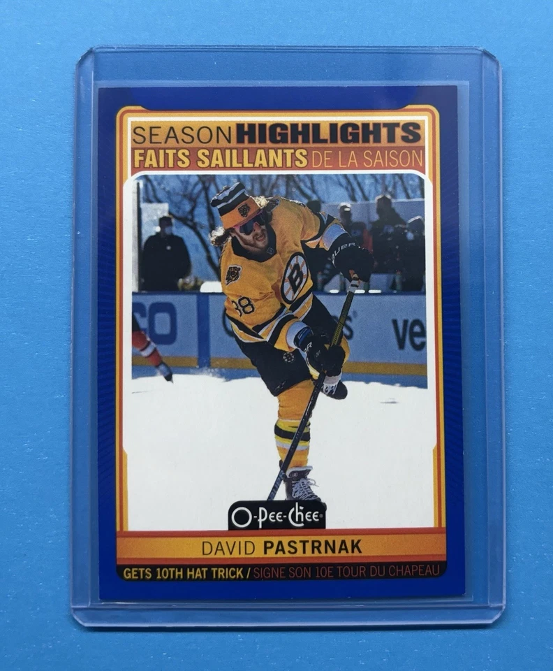 2021-22 O-Pee-Chee David Pastrnak  BLUE BORDER #595 Season Highlights Boston 🔥✨ - Image 3 of 4