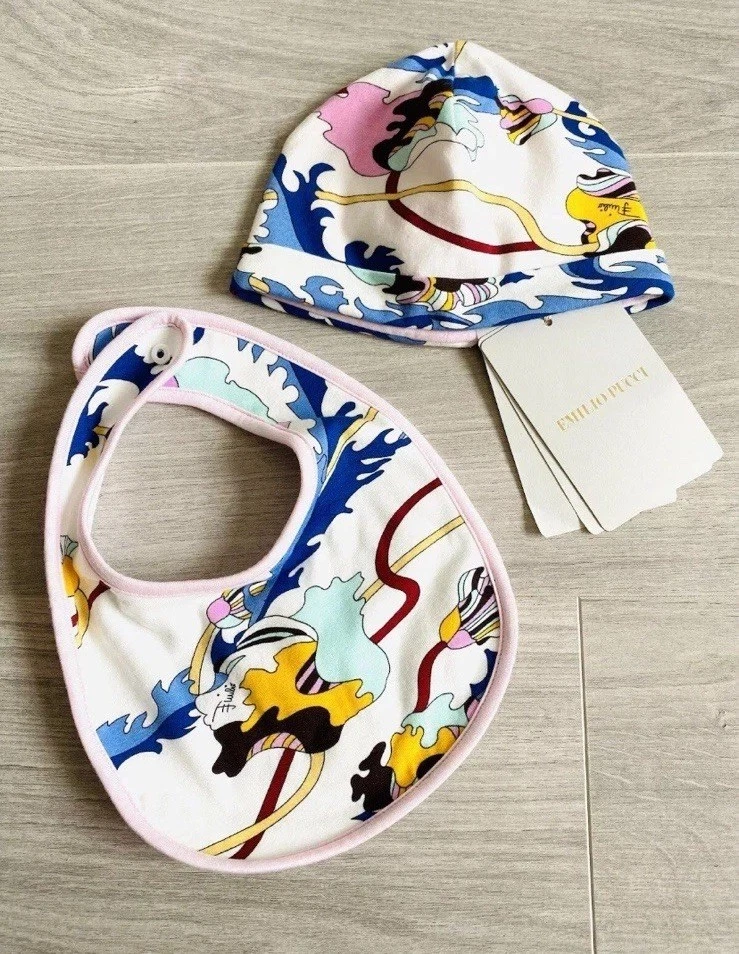 Emilio Pucci Baby Set Hat & Bib Size 0-3 Months BNWT Made In Italy