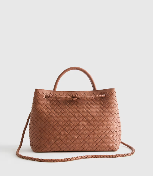 NWT QUINCE ITALIAN LEATHER HANDWOVEN SATCHEL LARGE COGNAC CROSSBODY BAG MSRP$154