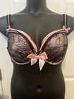 Cacique Lightly Lined Balconette Bra 42C Pink with Bows and Black Lace Wired