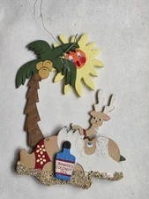 Rare SCHMID EMGEE Santa tanning on beach Hawaiian Christmas Ornament 3-D Wood