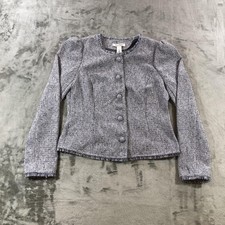White House Black Market Jacket Womens 8 Purple Tweed Button Front Fringe Blazer